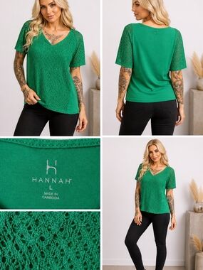 Hannah Emerald Green V-Neck Lace Short Sleeve Top